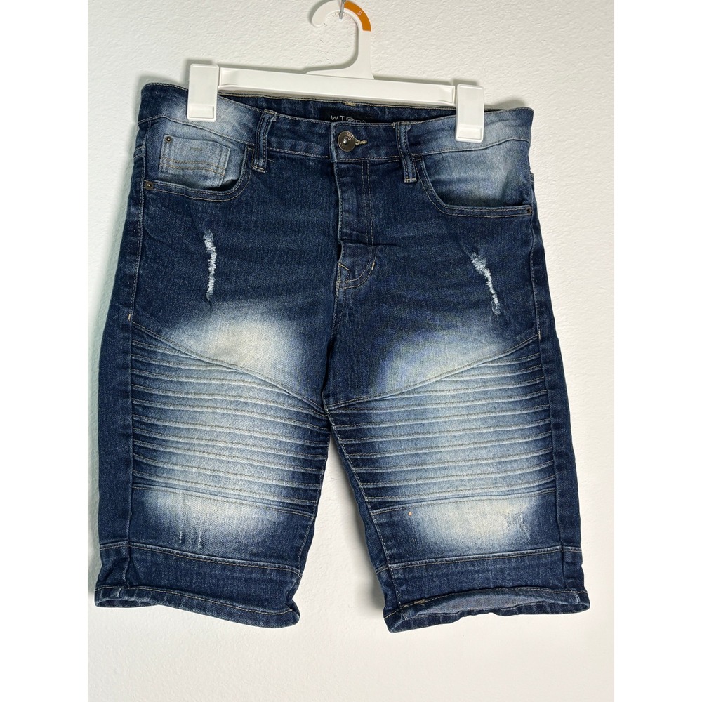 WT02 Mens Moto Biker Denim Shorts Distressed Blue Wash Size 30 RN 106663